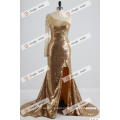 One Shoulder Long Sleeve Gold Sequins Evening Dress See Through Back High Split Evening Gown